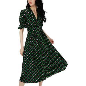 Diane Von Furstenberg Green and Black Midi Dress with Pink Accents